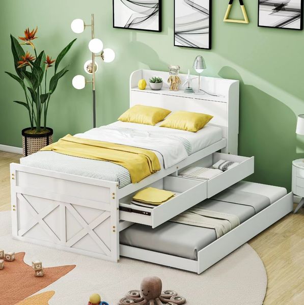 Einzelbett 90x190 cm mit ausziehbarem Bett, 2 Schubladen und USB-Anschluss aus Massivholz