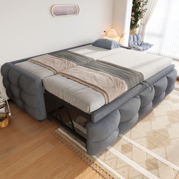 Polsterbett Ausziehbares Schlafsofa 90/180*190cm, Puffbett, Teddy Samt Stoff, Einzelbett, Doppelbett, Mit Lattenrost, Multifunktionsbett, Grau (Ohne Matratze)