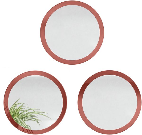 Spiegel Globe 50 cm 3er-Set, 3 dekorative runde Wandspiegel für Flur und Wohnzimmer mit MDF-Rahmen in Bordeaux Hochglanz