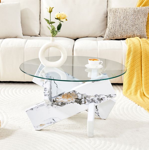 Runder Couchtisch 79 cm mit Glasplatte und MDF in Weiß – moderner Wohnzimmertisch mit Kreuzgestell