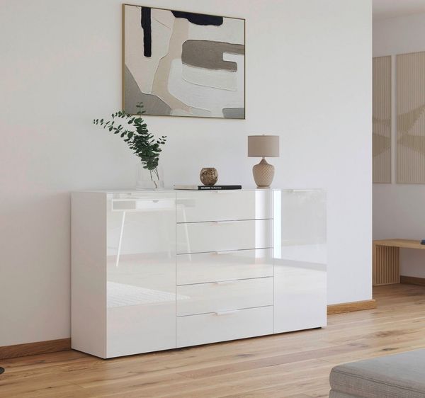 rauch Schubkastenkommode Flipp Kommode Sideboard Wäscheschrank, 2-türig, 5 Schubladen, Soft-Close, Oberboden und Front Glas, 2 Breiten