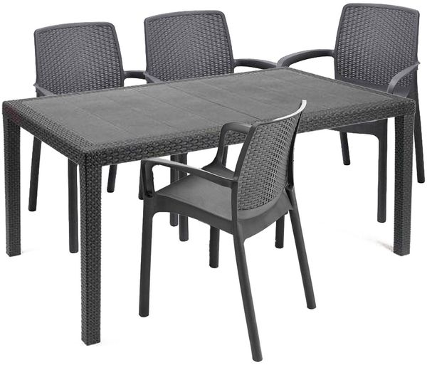 Dmora Outdoor-Loungeset Sover, Outdoor- und Indoor-Loungeset, Fester rechteckiger Tisch mit 4 stapelbaren Stühlen, Made in Italy, Anthrazit