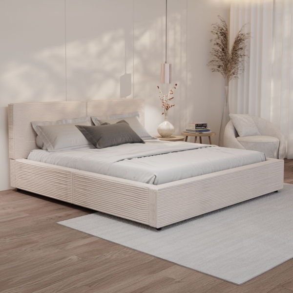 Juskys Polsterbett Salerno 180 x 200 cm – Cord Beige, modernes Bett mit Kopf- & Fußteil, stabilem Holz- & Metallrahmen, Lattenrost, 500 kg Tragkraft