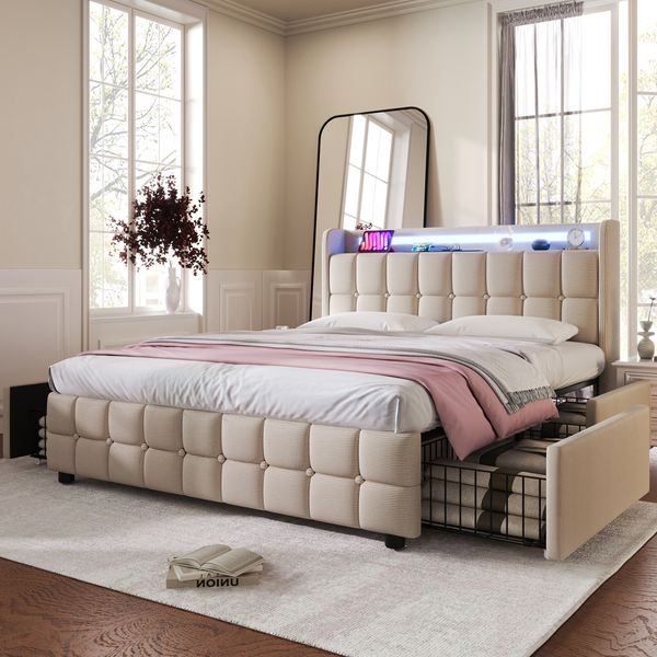 Polsterbett 160x200 cm mit 4 Schubladen, integriertem Kopfteil (Steckdosen & USB) und LED-Beleuchtung, Beige