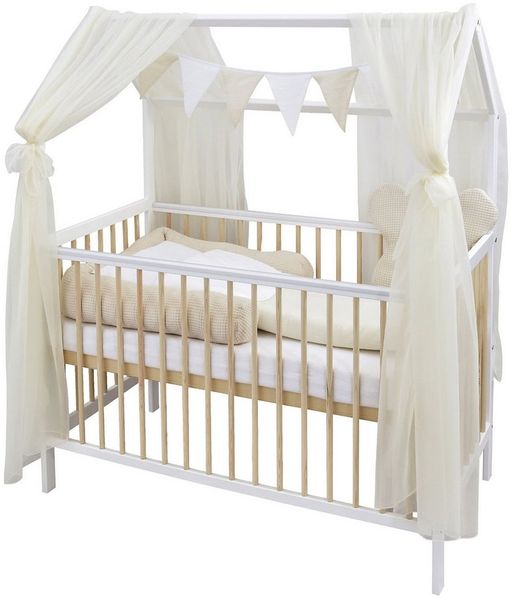 Baby-Delux Komplettbett Hausbett Babybett Komplettset Waffelpique Musselin, 12-tlg, Kinderbett 60x120 cm weiß Natur, Bettset verschiedene Designs