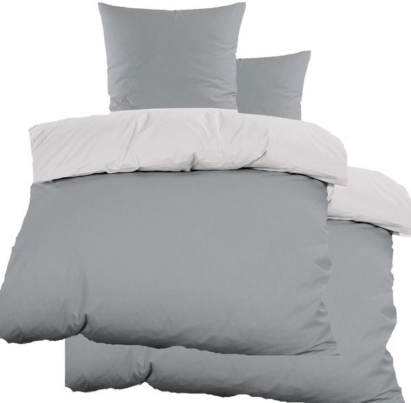 KH-Haushaltshandel Bettwäsche 4-tlg. SATIN Wende Bettwäsche 2x(135x200+80x80cm), uni, Satin, 4 teilig, eine Seite grau, die andere silbergrau, einfarbig, 100% Baumwolle
