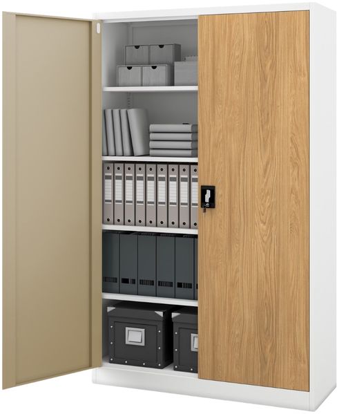 Aktenschrank abschließbar JAN - 5 Ebenen verstellbar, Flügeltüren | Metallschrank Werkstatt Mehrzweckschrank Büroschrank aus Stahl Werkzeugschrank, 185x115x40cm Weiß-Goldene Eiche