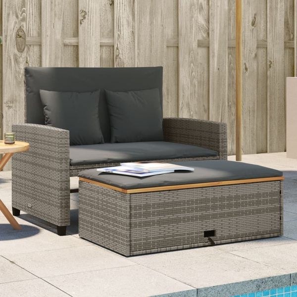 vidaXL Gartensofa mit Kissen 2-Sitzer Grau Poly Rattan & Akazienholz 365142