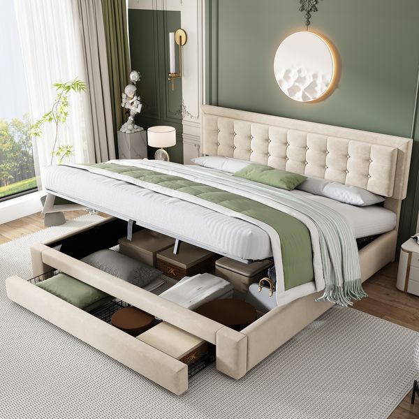 Polsterbett 160x200 cm mit Stauraum – stilvolles Bett aus Samt in Beige, ohne Matratze