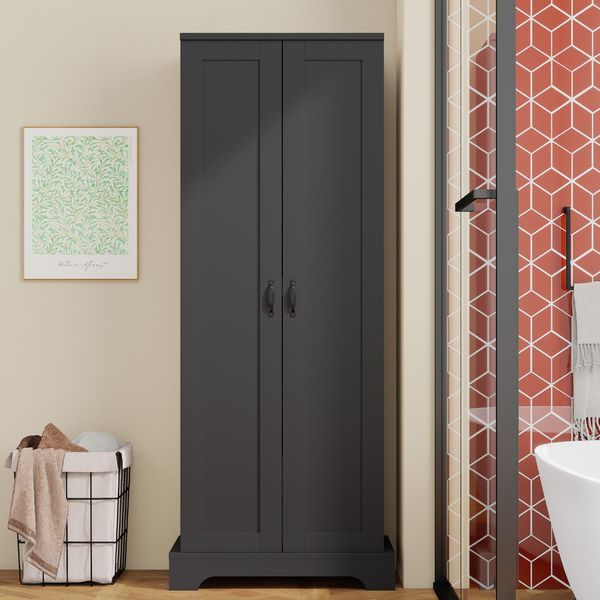 56 x 40 x 170cm Hoher Badezimmerschrank mit feuchtigkeitsbeständiger Lackierung, Doppeltüren, vier Ablageflächen, verstellbaren Einlegeböden, Soft-Close-Scharnieren, Schwarz.