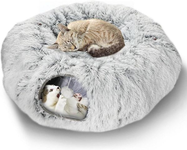 LuxusKollektion Katzenkäfig Plüsch Katzentunnel mit Katzenbett und Hängendem Ball Grau