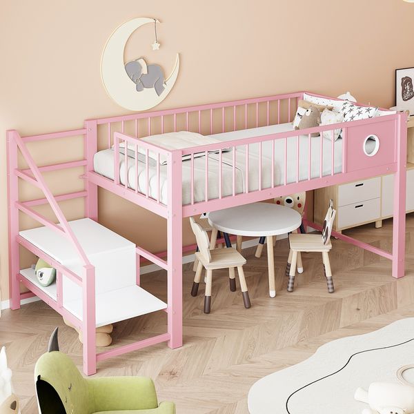 Niedriges Hochbett für Kinder (90 x 200 cm), mit Aufbewahrungsleiter, stabilem Metallrahmen, geeignet für Kinder und Jugendliche,Rosa