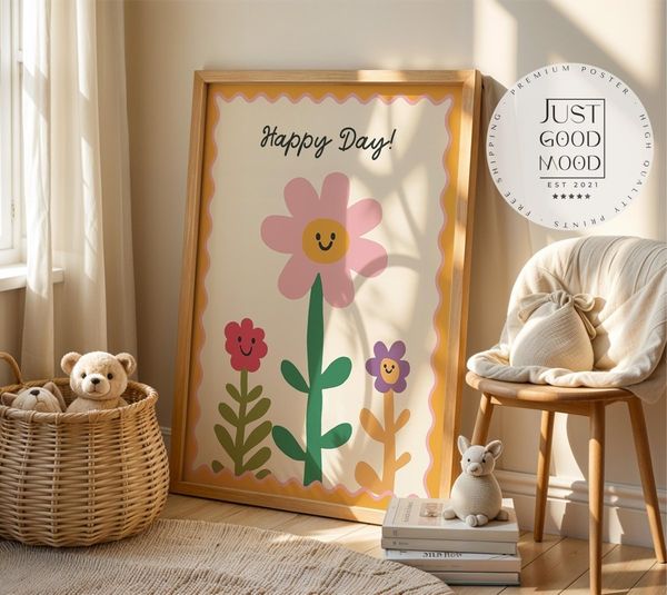 Poster Kinderzimmer Blumen · Happy Day! Schriftzug · Fröhliche Blumendeko in Pastell · Wandbild für Kinder · Dekoprint Ohne Rahmen - 30x40cm