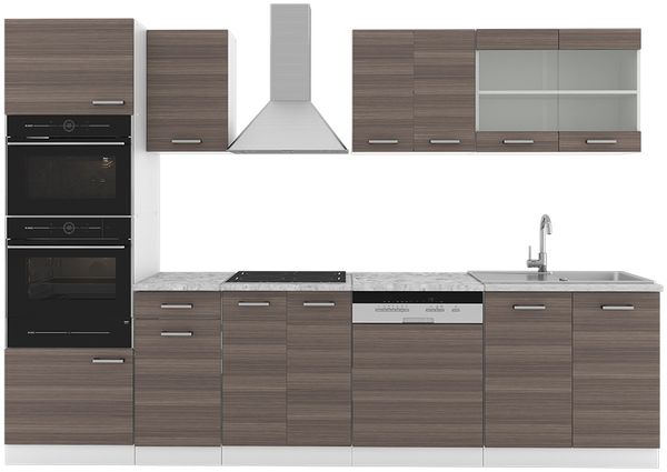 Küchenzeile R-Line Edelgrau/Weiß 300 cm mit Hochschrank, ohne Arbeitsplatte Vicco