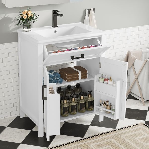 Bodenstehender Badezimmerschrank mit Waschbecken, Waschtisch, komplett lackiert, Doppeltürregale, praktische Schubladen, verstellbare Regale, integriertes Keramikwaschbecken, Weiß, 60 x 46 x 84,8cm