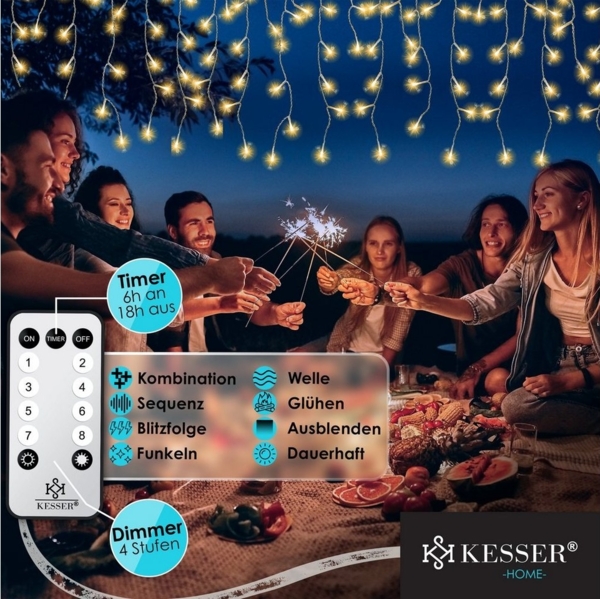 KESSER® Regenlichterkette Lichterkette inkl Fernbedienung - 8 Leuchteffekte - Timer - In- & Outdoor Regenkette Deko Weihnachtsbeleuchtung Party Warmweiß, 400 LED's Bild 2