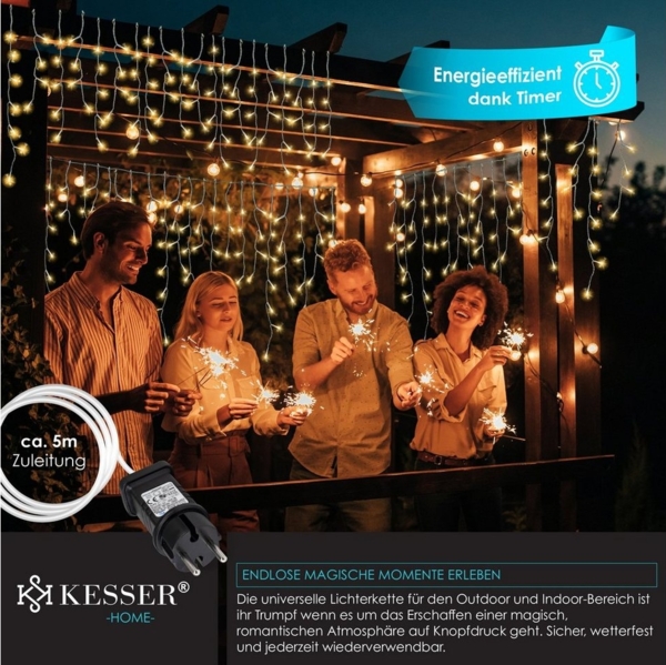 KESSER® Regenlichterkette Lichterkette inkl Fernbedienung - 8 Leuchteffekte - Timer - In- & Outdoor Regenkette Deko Weihnachtsbeleuchtung Party Warmweiß, 400 LED's Bild 3