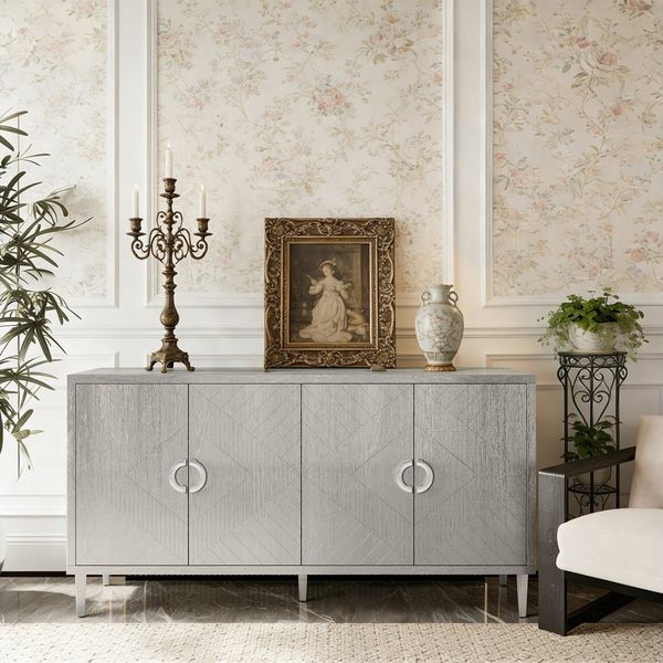 Celya Sideboard 152 cm stilvoller und funktionaler 4-türiger Aufbewahrungsschrank (Champagner, für Wohnzimmer, Schlafzimmer und Küche), mit Kiefernholzbeinen und MDF