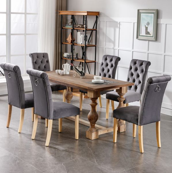 Esszimmerstühle 6er Set 100cm×63cm×43cm in Grau – Samtbezug, Massivholzbeine aus Eiche, gestepptes Design