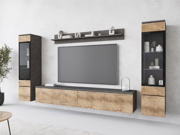 Wohnwand Doppo II, ohne Beleuchtung, Farbe: Matera / Kastanien Breslau