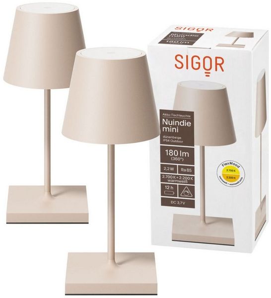 SIGOR LED Tischleuchte 2x Nuindie mini USB-C 250mm dünenbeige, Dimmbar, LED fest integriert, Warmweiß