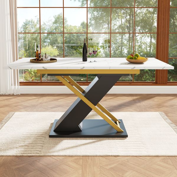MODFU Esstisch Esstisch Teleskoptisch,Moderne Esstisch,mit Marmoroptik (Esstisch Ausziehtisch mit goldenen Kreuzbeinen – 120-160x80 cm, MDF-Marmoroptik, erweiterbar, elegantes Design, für Küche & Wohnzimmer, für 6 Personen, leicht zu pflegen & stabil, ...
