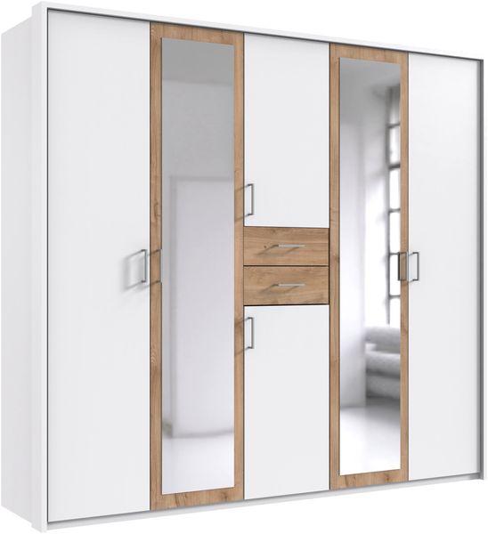 Drehtürenschrank Kleiderschrank 228cm Schublade Spiegel Passepartout Weiß Eiche