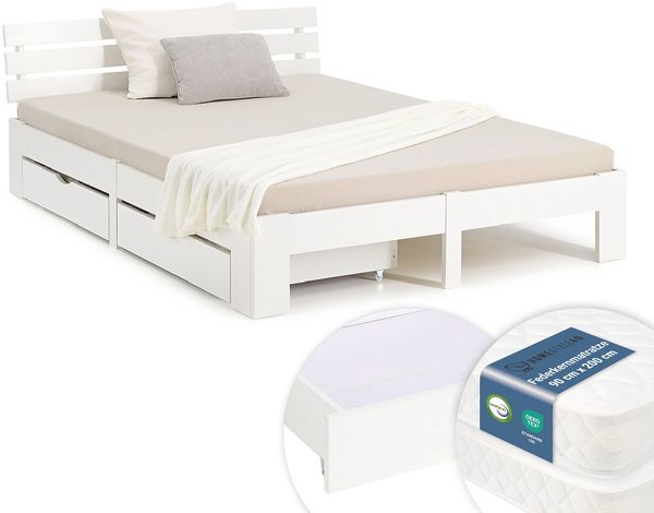 Holzbett 180x200 cm mit 2 Federkernmatratze & Bettkästen Doppelbett Bett Weiß Massiv Holz Lattenrost
