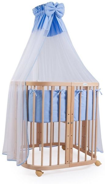 Waldin Babybett aus Holz 7in1 mit Matratze, mitwachsendes Kinder-Bett, belüftet, Boden 5-fach verstellbar, All-Inclusive-Set Holz natur, Stoffe blau