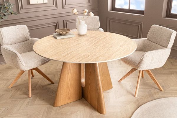 riess-ambiente Esstisch ORGANIKO 120cm natur - Eichenholz-Optik, Keramik, Travertin-Design (Einzelartikel, 1-St), stilvoller Küchentisch mit runder Tischplatte - ideal für 4 Personen