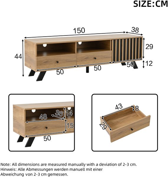 TV-Schrank 150 cm mit Holzmaserung in Natur & Schwarz – Fernsehschrank mit 2 Schubladen, 1 Schrank & offenen Fächern Bild 9
