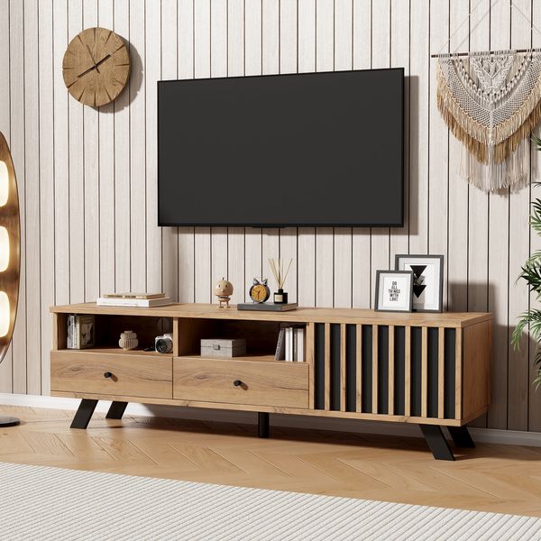 TV-Schrank 150 cm mit Holzmaserung in Natur & Schwarz – Fernsehschrank mit 2 Schubladen, 1 Schrank & offenen Fächern