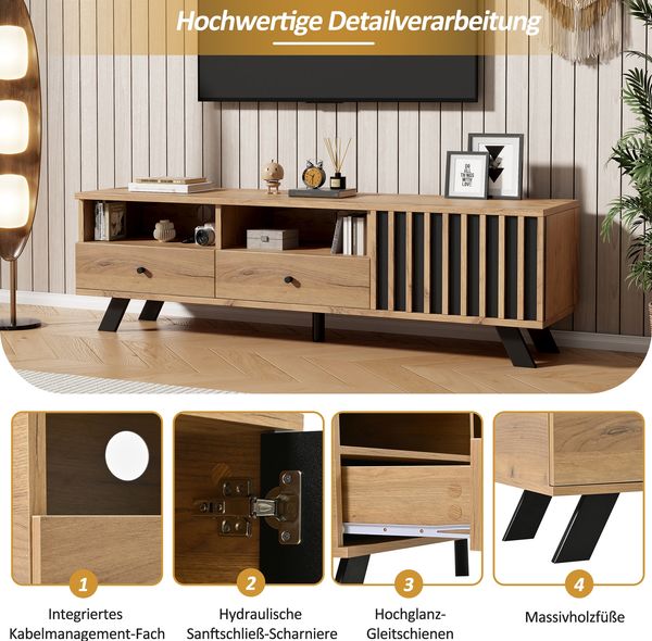 TV-Schrank 150 cm mit Holzmaserung in Natur & Schwarz – Fernsehschrank mit 2 Schubladen, 1 Schrank & offenen Fächern Bild 8