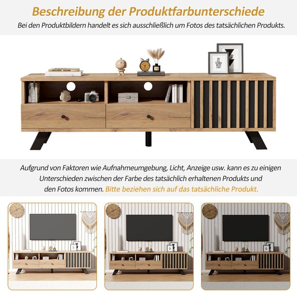 TV-Schrank 150 cm mit Holzmaserung in Natur & Schwarz – Fernsehschrank mit 2 Schubladen, 1 Schrank & offenen Fächern Bild 6