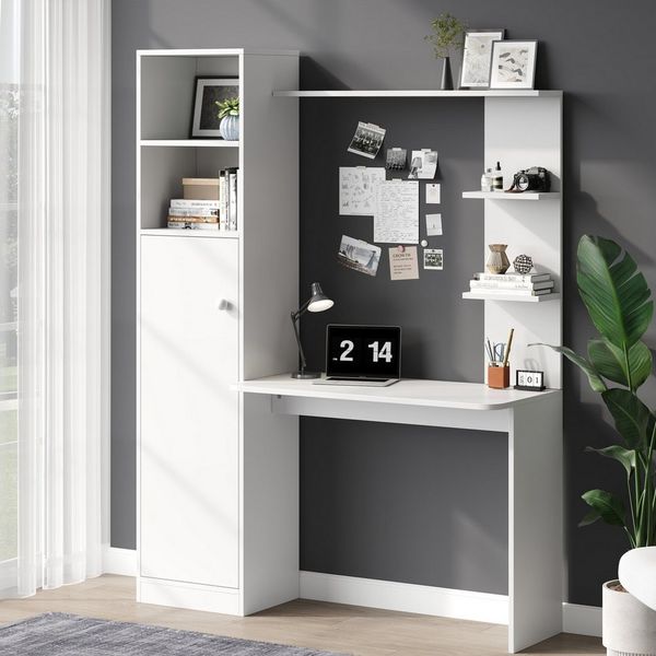 Flieks Regal-Schreibtisch Computertisch mit Hochschrank und Ablagen (123,5 x 45 x 168,5 cm, 1-St), L-formig Arbeitstisch mit Ablagen und 5 Fächern Bürortisch Weiß