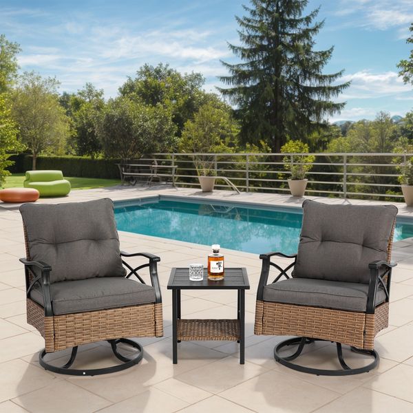 Outdoor drehbare Schaukelstühle Set 3 Stück mit 1 Tisch und 2 Schaukelstühle Unterstützung 350lbs Braun Wicker Outdoor Möbel Patio Gesprächssatz