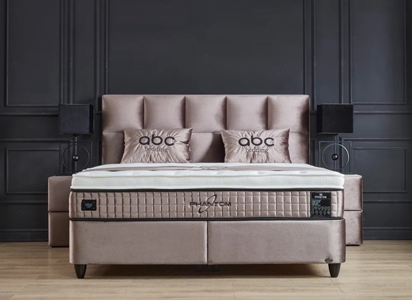 abc bedding Boxspringbett PHANTOM Voll-orthopädisches Komfortbett mit Samt in Beige (inkl. Matratze & Topper), 120x200 cm Funktionsbett mit Bettkasten