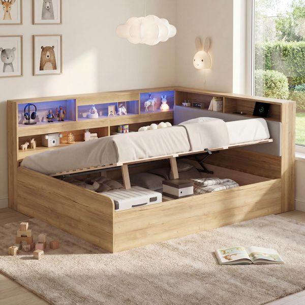Merax Kinderbett 140x200cm, Holzbett, Jugendbett, Daybett, Hydraulisches Stauraumbett, mit USB-Ladestation und LED-Beleuchtung, Naturfarbe