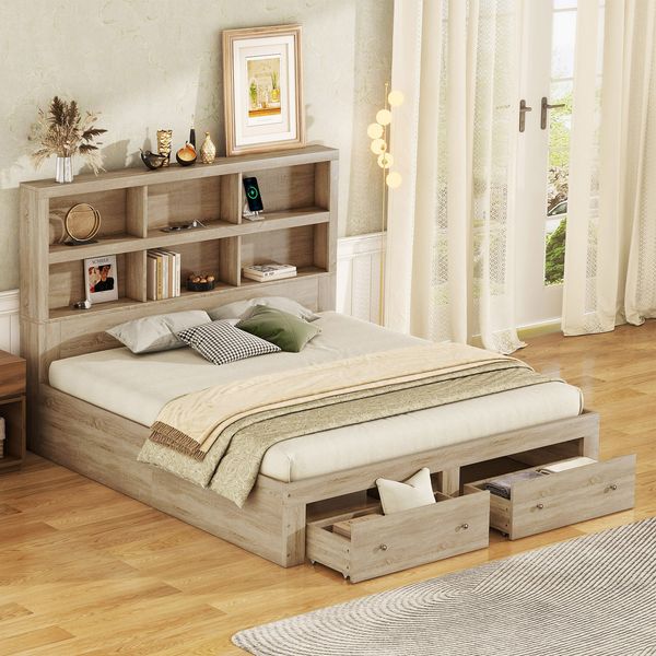 160*200cm Doppelbett, Spanplatte, Kingsize-Plattformbett mit zwei Schubladen am Fußende des Bettes, Kopfteil mit Stauraum, Natur