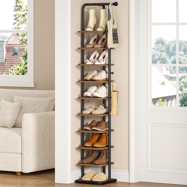 Schuhregal, 10-Stockige Schuhablage Schmal, Vertikales Schuhregal, Verstellbar Ablage, für Eingangsbereich Wohnzimmer Schlafzimmer Flur, Braun und Schwarz
