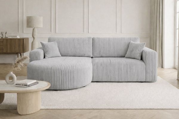 Kaiser Möbel Ecksofa mit Schlaffunktion für Wohnzimmer, Cordstoff Tilia, ROUND ONE, abgerundete Form, Liegefunktion, Stauraum, modernes Design