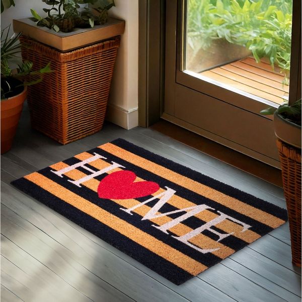 BRUBAKER Fußmatte Home mit Herz - Gestreift - 45 x 75 cm Schmutzfangmatte, Rechteckig, Höhe: 15 mm, Fußmatte für Außen und Innen aus Kokos - Wetterfest und Rutschfest