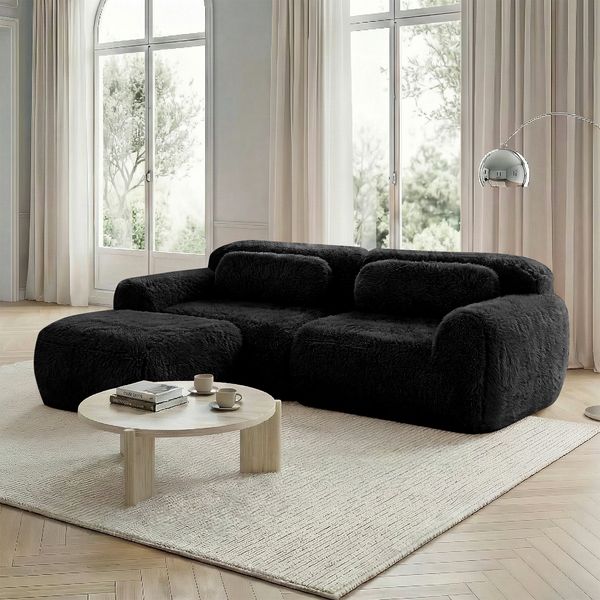 Flieks 2-Sitzer Sofa, L-förmiges Sofa, rahmenlos modular mit Ottoman & 2 Kissen, rutschfester Boden, Plüsch, Schwarz