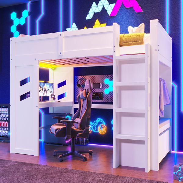 Merax Hochbett, 90x200cm, Kinderbett Einzelbett Gaming Bett mit Schreibtisch, Mit LED-Leuchten, 1 USB, 1 Typ-C ausgestattet, Leiter, Schreibtisch, Schublade, Wäscheständer, Weiß