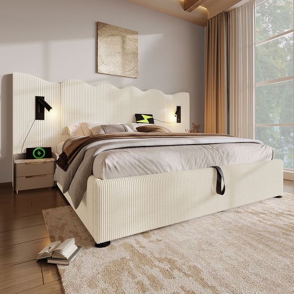 Polsterbett 180×200 cm mit hydraulischem Bettkasten, USB-C und Leselampe, Beige-Weiß, ohne Matratze