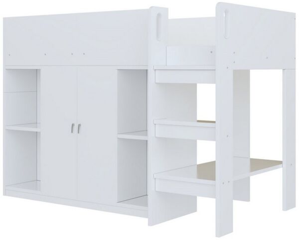 KLAM HOME Hochbett Multifunktionales Kinderbett 90*200 mit Stauraum, Schrank und Regalen (Stauraumbett mit Leiter und stabiler Konstruktion Weiß) ideal für Wohnzimmer, Kinderzimmer & Jugendzimmer