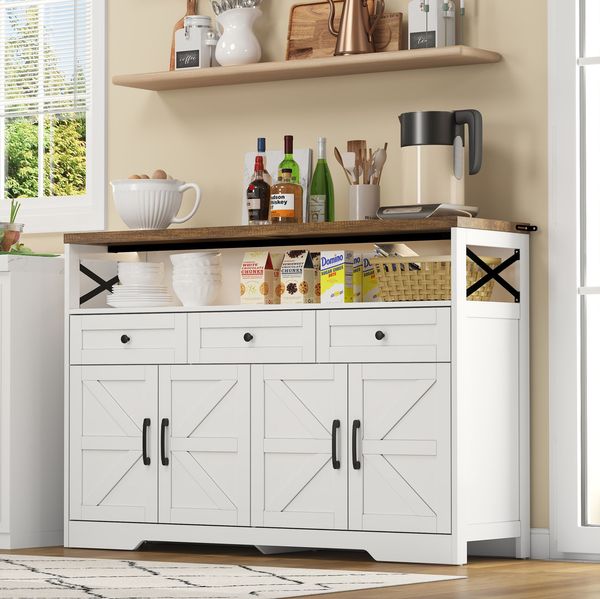 Buffet-Anrichte 140x35x95 cm Landhausstil mit Schubladen und Türen, Kaffeebar, Stauraum, weiß/braun