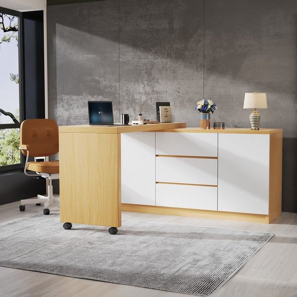Merax Schreibtisch 2-in-1 Sideboard & Arbeitstisch (120×50×76,5 cm, 1-St, multifunktionaler Bürotisch Kommode in Weiß/Eiche), Eckschreibtisch mit 360° drehbarer Tischplatte, 2 Türen & 3 Schubladen
