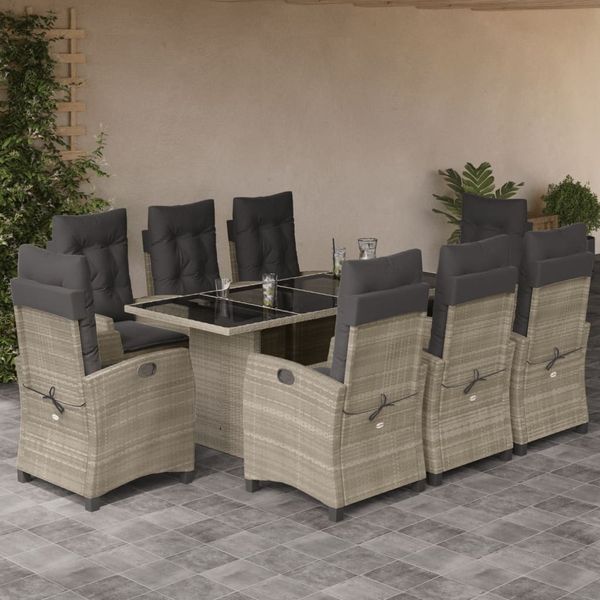 vidaXL 9-tlg. Garten-Essgruppe mit Kissen Hellgrau Poly Rattan 3212699