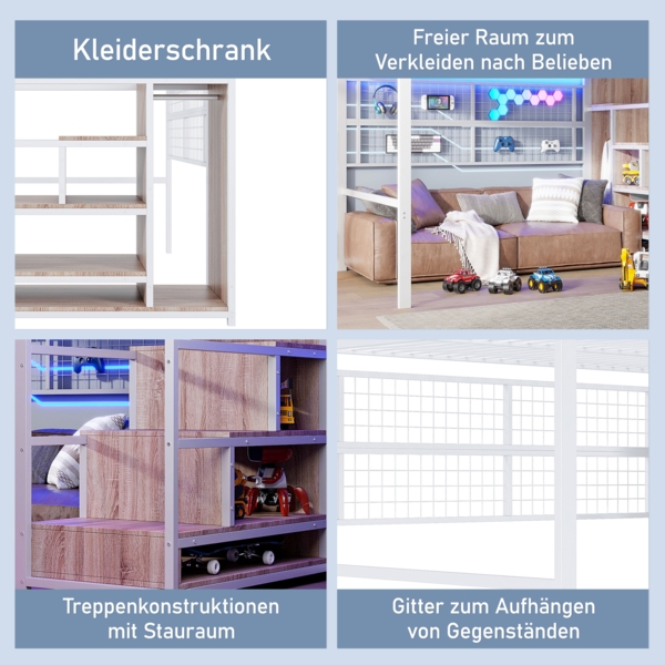 Merax Hochbett, kinderbett 140 x 200cm, mit LED-Leuchten Eisenrahmen, Kleiderschrank, Stauraumleiter, Freifläche unter dem Bett, ohne Matratze, weiß Bild 5